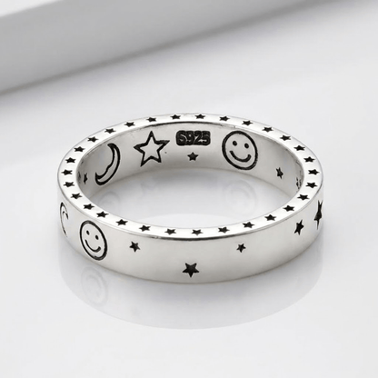 HAPPY MOON & STARS SILVER BAND RING - (ADJUSTABLE) by Harrison & James - ring product image 1
