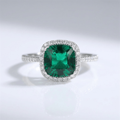 GREEN EMERALD CUSHION HALO RING by Harrison & James - ring product image 1