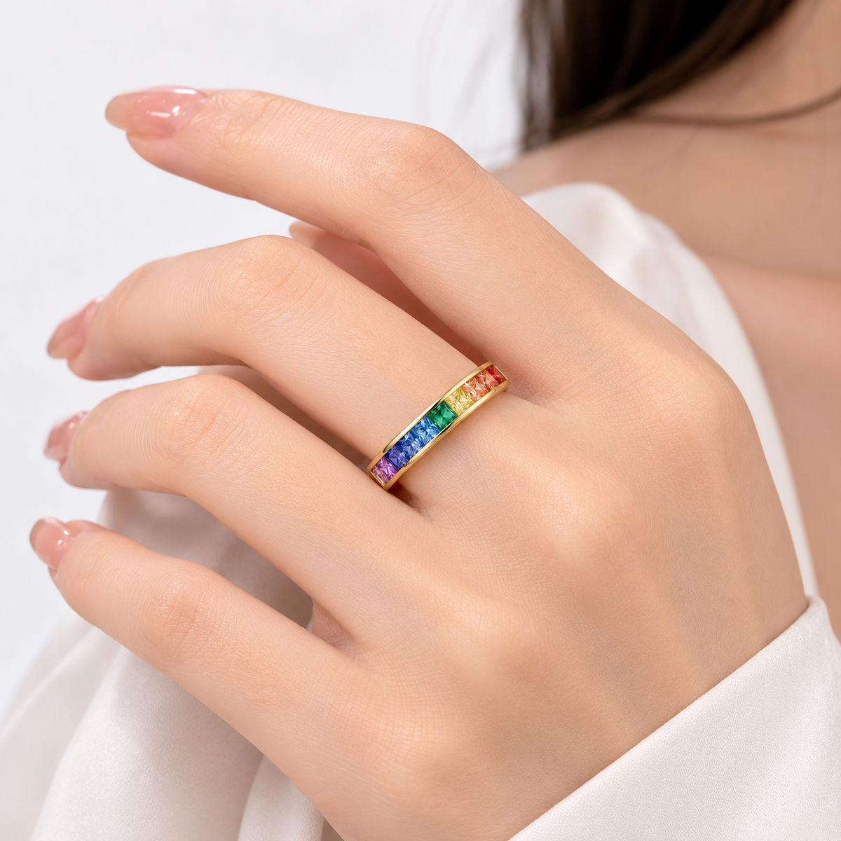 RAINBOW CRYSTAL ROSE GOLD BAND RING by Harrison & James - ring product image 2