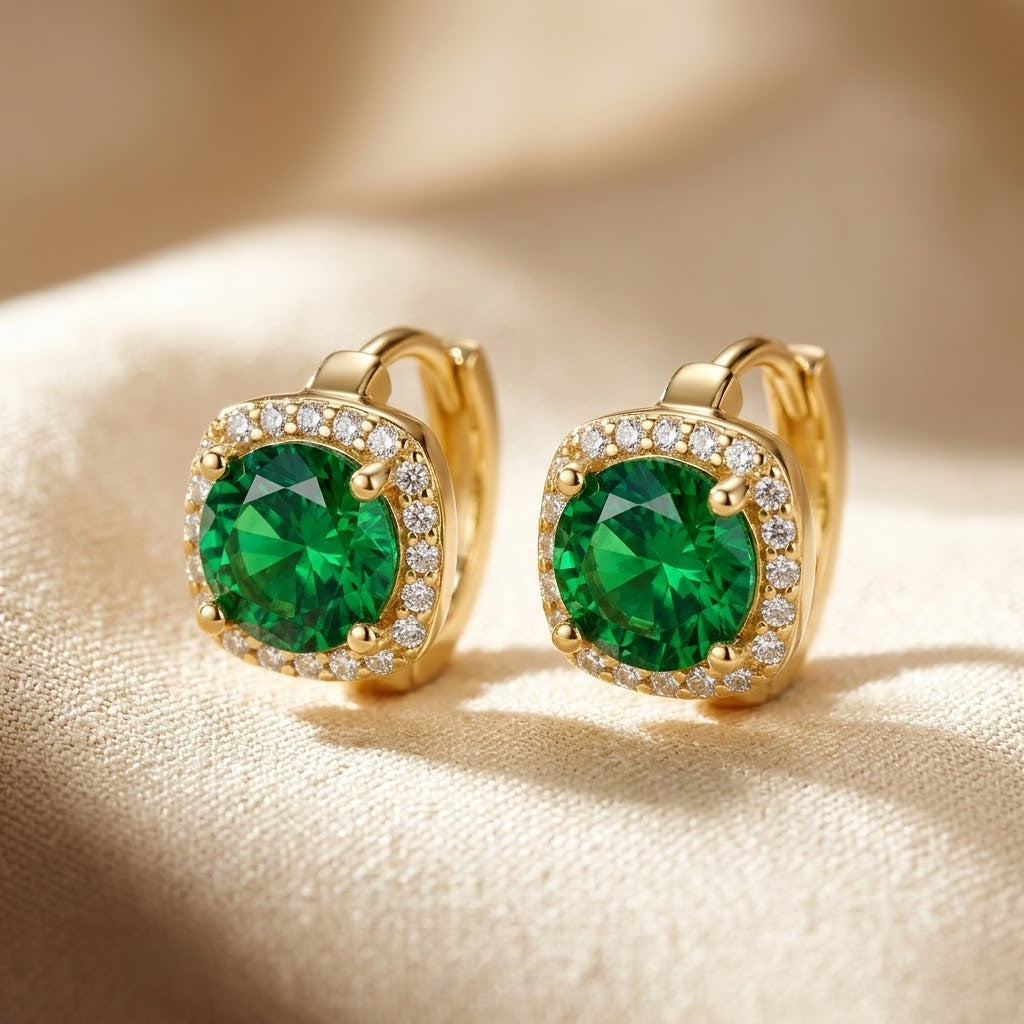 Gold Emerald Halo Hoop Earrings by Harrison & James - earrings product image 1