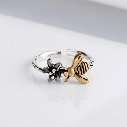 HONEY BEE & FLOWER SILVER RING - (ADJUSTABLE) by Harrison & James - ring product image 1